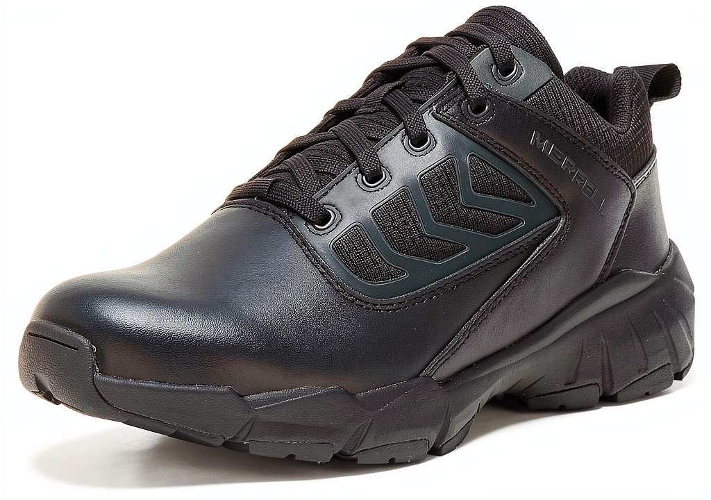Installing Merrell Mens Tactical Boots Waterproof Leather Durable on a wooden desk