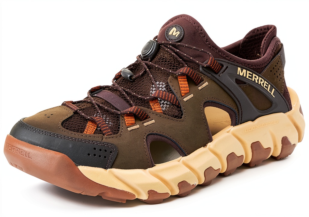 Merrell mens hiking shoes in Alloy/Indigo color on a rocky trail