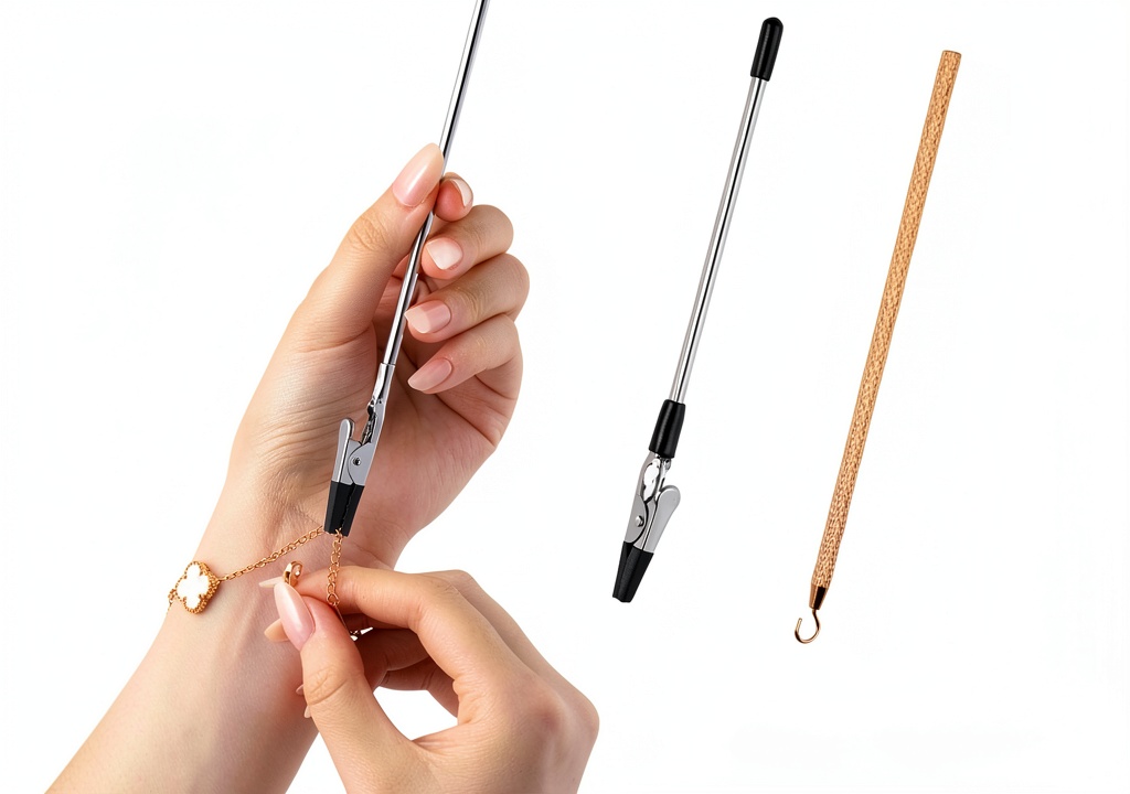 Installing Vnsuyo Bracelet Helper Tool Metal Fashion Silver Rose Gold on a wooden desk